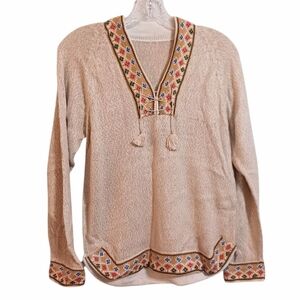 100% alpaca sweater sz S colorwork SOFT! tassels Peru tan